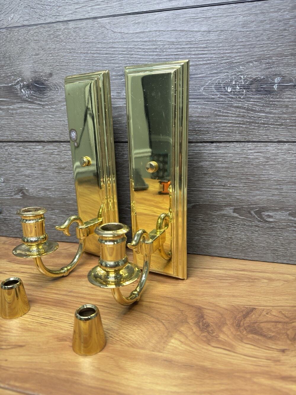 VTG Baldwin Solid Brass Wall Sconces - Horn Motif Single Candle 11" USA~2 Pc